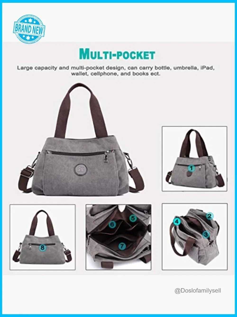 Canvas Hobo Handbag Multi Compartment Tote Satchel Crossbody Shoulder Bag